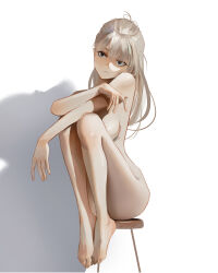 1girl absurdres arm_on_knee black_eyes blonde_hair breasts chair completely_nude head_tilt highres knees_up long_hair mawaw medium_breasts mole nude original serious shadow sitting solo  rating:Questionable score:12 user:Hyozen