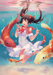 10s 1girl 2015 \m/ \n/ ^_^ air_bubble artist_name atdan bad_id bad_pixiv_id bare_legs barefoot bow breasts brown_hair bubble carp caustics closed_eyes covered_navel dated detached_sleeves dress fish floating_hair highres koi love_live! love_live!_school_idol_project open_mouth puffy_short_sleeves puffy_sleeves red_bow reflection sailor_collar school_uniform serafuku short_sleeves sideboob skin_tight small_breasts smile solo teeth twintails underwater white_dress yazawa_nico rating:Sensitive score:14 user:danbooru