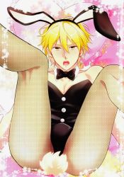  animal_ears blonde_hair bow bowtie bulge crossdressing detached_collar fake_animal_ears fishnet_pantyhose fishnets gradient_background highres kise_ryouta kuroko_no_basuke legs_up leotard looking_at_viewer open_mouth pantyhose playboy_bunny rabbit_ears rabbit_tail tail tears trap wrist_cuffs yellow_eyes  rating:Explicit score:8 user:cookiezz