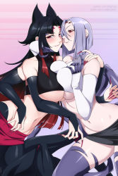  2girls arachne arahnia_taranterra_arachnida armpit_crease arthropod_girl arthropod_limbs bare_shoulders black_hair black_shirt black_skirt blush breast_press breasts bridal_gauntlets carapace claws collarbone commentary cowboy_shot crop_top crossover detached_sleeves english_commentary extra_arms extra_eyes fingernails gradient_hair groin hair_between_eyes insect_girl large_breasts light_purple_hair lindaroze long_fingernails long_hair looking_at_viewer midriff monster_girl monster_musume_no_iru_nichijou monster_musume_no_oisha-san multicolored_hair multiple_girls multiple_legs nail_polish navel parted_bangs parted_lips patreon_username purple_background rachnera_arachnera red_eyes red_hair red_nails red_skirt shirt sidelocks skirt sleeveless sleeveless_shirt smile spider_girl standing symmetrical_docking taur trait_connection twitter_username underboob white_shirt white_sleeves  rating:Sensitive score:158 user:danbooru