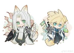  2boys :3 animal_ears black_hakama black_pants blue_kimono branch bright_pupils buster_sword cherry_blossoms chibi chinese_clothes chinese_commentary cloud_strife commentary_request dapanggezilan dog_boy dog_ears dog_tail expressionless final_fantasy final_fantasy_vii fox_boy fox_ears fox_tail full_body geta gohei green_eyes grey_hair hakama hand_fan highres holding holding_fan holding_gohei holding_sword holding_weapon japanese_clothes katana kimono knee_up koinobori long_bangs long_hair looking_at_another male_focus masamune_(ff7) multiple_boys orange_outline pants parted_bangs puffy_pants robe sephiroth slit_pupils smile standing sword tabi tail walking waves weapon weapon_on_back white_haori white_robe wide_sleeves windsock 