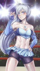 1girl artist_name blue_eyes boxing_shorts breasts bridal_gauntlets cleavage crowd elbow_gloves fingerless_gloves gloves hair_ornament hand_on_own_hip highres jewelry long_hair looking_down midriff miniskirt navel necklace ponytail rwby scar shiny_skin shorts skirt skirt_flip sports_bra stomach sweat tank_top weiss_schnee white_hair rating:Questionable score:14 user:Reach#2