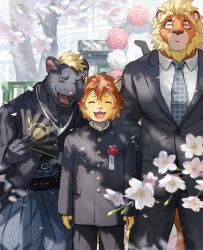  3boys animal_ears arm_behind_back black_kimono black_pants black_suit blush cherry_blossoms claw_(world_flipper) claws closed_eyes closed_mouth fangs folding_fan formal furry furry_male hand_fan hand_on_another&#039;s_shoulder hashtag-only_commentary highres holding holding_fan japanese_clothes kimono lion_boy lion_ears lion_mane lion_tail magnos_(world_flipper) male_focus multiple_boys necktie open_mouth panther_boy panther_ears pants school_gateway school_uniform shirt skin_fangs smile suit tail theo_(world_flipper) waahurikya whiskers white_shirt world_flipper 
