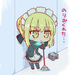 1girl apron artoria_pendragon_(all) artoria_pendragon_(fate) black_footwear black_jacket black_skirt black_thighhighs blonde_hair blush braid braided_bun brown_eyes chibi closed_mouth commentary_request fate/grand_order fate_(series) food full_body hair_between_eyes hair_bun holding holding_food hood hood_down hooded_jacket indoors jacket kasuga_yuuki maid_headdress mop navel open_clothes open_jacket popsicle saber_alter shoes skirt small_sweatdrop solo standing sweat thighhighs translation_request waist_apron white_apron 