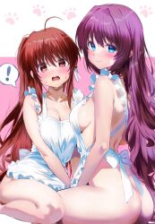  ! 2girls 3: a-chan_senpai ahoge apron arm_at_side ass back back_bow bare_arms bell blue_eyes blush bow breasts brown_eyes brown_hair cleavage closed_mouth collarbone commentary curvy embarrassed eyelashes eyes_visible_through_hair feet_out_of_frame frilled_apron frills hair_bell hair_between_eyes hair_ornament hair_ribbon highres jingle_bell large_breasts little_busters! long_hair looking_at_viewer medium_breasts miiizuno_lbs multiple_girls naked_apron natsume_rin open_mouth paw_print pink_background ponytail purple_background purple_hair raised_eyebrows ribbon sideboob simple_background sitting speech_bubble spoken_exclamation_mark straight_hair surprised sweatdrop tareme teeth upper_teeth_only v-shaped_eyebrows very_long_hair wavy_hair wavy_mouth white_apron white_bow white_ribbon 