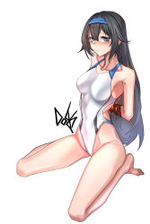 1girl absurdres arms_behind_back barefoot black_hair blue_hairband bound bound_wrists breasts collarbone commentary_request commission competition_swimsuit dogs_(dlrkdejr26) full_body girls&#039;_frontline hairband headband highleg highleg_swimsuit highres korean_commentary long_hair looking_at_viewer medium_breasts mole mole_under_eye one-piece_swimsuit purple_eyes simple_background sitting solo super_sass_(girls&#039;_frontline) swimsuit thighs wariza white_background white_one-piece_swimsuit rating:Sensitive score:10 user:danbooru