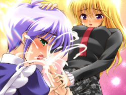  2girls blonde_hair blush breasts censored covered_erect_nipples cum ejaculation futanari green_eyes hand_on_another&#039;s_head handjob long_hair maid mosaic_censoring multiple_girls open_mouth penis purple_eyes purple_hair short_hair sweat tagme tongue  rating:Explicit score:14 user:blader1115