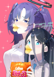 2girls absurdres aqua_necktie aris_(blue_archive) blue_archive blush breasts calbee_(potato_chips) chips_(food) flying_sweatdrops food hair_between_eyes halo highres long_bangs long_hair_between_eyes looking_at_viewer medium_breasts mukuro669966 multiple_girls necktie one_side_up pink_background potato_chips pringle_duck shirt simple_background sparkle sweatdrop two_side_up upper_body white_shirt yuuka_(blue_archive)