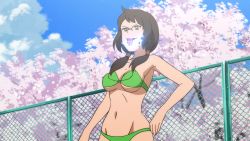  1girl bikini breasts brown_hair cherry_blossoms cleavage electricity glasses green_bikini green_eyes highres isone_kotoha large_breasts low_twintails naughty_face navel solo swimsuit tongue tongue_out twintails underboob yozakura_quartet 