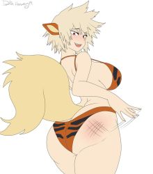 1girl animal_ears arcanine ass bakugou_mitsuki bikini blonde_hair blush boku_no_hero_academia breasts butt_crack cowboy_shot creatures_(company) crossover daniellexgrimson female_focus from_behind from_below game_freak gen_1_pokemon huge_ass large_breasts looking_at_viewer looking_back mature_female motion_lines nintendo pokemon pokemon_(creature) red_eyes signature simple_background slap_mark smile solo spanked spanking spiked_hair standing swimsuit tail thick_thighs thighs white_background rating:Questionable score:52 user:Mandrew2