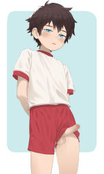  1boy absurdres bandages black_hair blue_eyes closed_mouth clothes_lift commentary cum highres looking_at_viewer luye_yuan male_focus original penis red_shorts shaved_body shirt shorts shota simple_background solo uncensored white_background white_shirt  rating:Explicit score:236 user:unsoredd