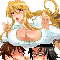 1girl 2boys black_hair blonde_hair blood blush breast_rest breasts breasts_on_head brown_hair cleavage covered_erect_nipples glasses highschool_of_the_dead hirano_kouta_(hsotd) huge_breasts komuro_takashi lips lipstick long_hair makeup marikawa_shizuka multiple_boys no_bra open_mouth simple_background smile teacher teeth tongue tora_(net1nen) white_background yellow_eyes rating:Questionable score:122 user:thebatman