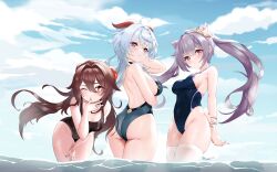3girls absurdres alternate_costume arms_behind_back ass backless_swimsuit bare_arms bare_back bare_shoulders black_one-piece_swimsuit blue_eyes blue_sky blush braid breast_hold breasts brown_hair cleavage closed_mouth cloud competition_swimsuit cone_hair_bun covered_navel day double_bun floating_hair flower flower-shaped_pupils frown ganyu_(genshin_impact) genshin_impact groin hair_between_eyes hair_bun highleg highleg_swimsuit highres hu_tao_(genshin_impact) jewelry keqing_(genshin_impact) large_breasts leaning_forward long_hair looking_at_viewer medium_breasts multiple_girls nail_polish one-piece_swimsuit one_eye_closed outdoors parted_lips plum_blossoms purple_eyes purple_hair purple_nails red_eyes red_flower red_nails rikihana_momo sideboob sidelocks signature sky standing swimsuit symbol-shaped_pupils thighs thumb_to_mouth twintails very_long_hair wading water wet white_flower rating:Sensitive score:46 user:danbooru