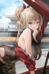  1girl absurdres armlet bare_shoulders belt black_pants blonde_hair blue_eyes bodysuit bow breasts car cleavage_cutout clothing_cutout cloud commentary cropped_jacket english_commentary hair_between_eyes hair_bow hair_up highres huge_breasts jacket leaning_forward lillly lillly_(character) looking_at_viewer motor_vehicle off_shoulder open_hood original outdoors pants racetrack red_bow red_jacket sidelocks sky smile solo standing yellow_belt 