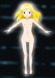  1girl absurdres arms_on_sides blonde_hair blush cleft_of_venus completely_nude digimon digimon_frontier female_focus flat_chest full_body green_eyes highres loli long_hair looking_at_viewer navel nipples nude open_mouth orimoto_izumi pussy solo thigh_gap uncensored  rating:Explicit score:17 user:Akenshi