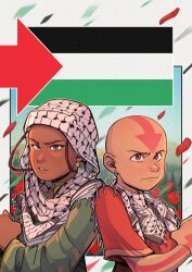 1boy 1girl aang arabian_clothes avatar:_the_last_airbender avatar_legends bald child closed_mouth commentary dark-skinned_female dark_skin english_commentary facial_tattoo flag_print flower gabrl_art highres katara libyan_flag palestinian_flag red_flower red_rose rose side-by-side tagme tattoo upper_body