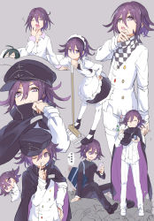 4boys ;d absurdres alternate_costume apron arm_at_side ascot bag black_cape black_dress black_footwear black_hair black_hat blanket blood bouquet boy_on_top bright_pupils cape cellphone checkered_ascot checkered_clothes checkered_scarf chibi closed_mouth crossdressing danganronpa_(series) danganronpa_v3:_killing_harmony dress expressionless facing_viewer finger_to_mouth flower frilled_dress frills gakuran grey_background grin half-closed_eye hand_on_own_face hand_on_own_hip hat highres holding holding_bouquet index_finger_raised jacket jewelry leaning_forward long_sleeves looking_at_phone looking_at_viewer maid_headdress male_focus mob multiple_boys multiple_views oma_kokichi one_eye_closed open_clothes open_jacket open_mouth outstretched_arm pajamas pants pantyhose petals phone pillow purple_eyes purple_hair ring saihara_shuichi scarf school_bag school_uniform shiro_q~ shirt shushing simple_background sitting skull_print sleeping smartphone smile standing straitjacket teeth under_covers uneven_eyes waking_up white_apron white_background white_jacket white_legwear white_pants white_shirt yaoi yawning rating:Sensitive score:7 user:danbooru