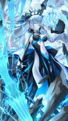 absurdres armpit_cutout black_thighhighs blue_eyes clothing_cutout fate/grand_order fate_(series) hair_ornament highres midriff morgan_le_fay_(fate) navel tattoo_on_belly thighhighs weapon white_hair  rating:General score:11 user:Moldie