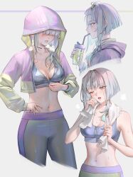  1girl absurdres bangs_pinned_back blue_tank_top blush bob_cut bottle commentary cropped_jacket cyberpunk_(series) cyberpunk_edgerunners cyborg drinking drinking_straw drinking_straw_in_mouth grey_background hand_on_own_hip highres holding holding_bottle hood hood_down hood_up hooded_jacket hooded_track_jacket jacket long_sleeves lucy_(cyberpunk) midriff multiple_views navel one_eye_closed open_clothes open_jacket pants parted_lips short_hair_with_long_locks sweat symbol-only_commentary tamaki_(tamaki599) tank_top towel towel_around_neck track_jacket unzipped water_bottle white_towel wiping_sweat yoga_pants zipper_top 
