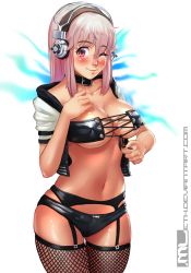  1girl ;) black_panties blush breasts cleavage closed_mouth collar commentary english_commentary covered_erect_nipples fishnet_legwear fishnets garter_belt headphones hood hoodie large_breasts looking_at_viewer mathias_leth nitroplus one_eye_closed panties panties_over_garter_belt pink_eyes pink_hair revealing_clothes revision shiny shiny_skin skindentation smile solo super_sonico thigh_gap thighhighs underboob underwear 