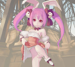  1girl animal_ears bare_shoulders bow breast_slip breasts choker clothes_lift clothes_pull di_gi_charat dice dice_hair_ornament dreamer_tapir dress dress_lift dress_pull hair_ornament hair_ribbon highres loli long_hair nipples one_breast_out purple_hair pussy rabbit_ears ribbon small_breasts smile solo standing standing_on_one_leg twintails undressing usada_hikaru 