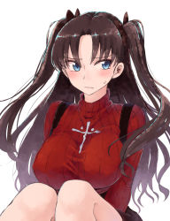  1girl adapted_costume alternate_breast_size black_hair black_skirt blue_eyes breasts closed_mouth cross eyelashes facing_viewer fate/stay_night fate_(series) frown hair_ribbon highres knees_up large_breasts long_hair long_sleeves looking_away looking_to_the_side parted_bangs pout red_sweater ribbed_sweater ribbon rucchiifu sideways_glance simple_background sitting skirt solo suspender_skirt suspenders sweatdrop sweater tohsaka_rin two_side_up white_background  rating:Sensitive score:15 user:danbooru