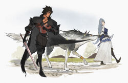  1boy 1girl animal black_cape black_footwear black_hair blue_hair body_fur boots cape cape_grab clive_rosfield colored_sclera dress final_fantasy final_fantasy_xvi gauntlets grass grey_fur highres holding holding_sword holding_weapon jill_warrick looking_at_another orange_sclera smile sword torgal_(ff16) walking weapon white_dress white_fur wolf wrandonbu 
