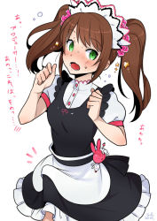  10s 1boy apron blush brown_hair cr-r crossdressing dress earrings erection erection_under_clothes green_eyes idolmaster idolmaster_side-m jewelry long_hair looking_at_viewer maid_headdress male_focus mizushima_saki open_mouth solo sweatdrop translated trap twintails worried  rating:Questionable score:101 user:BlueBaroness