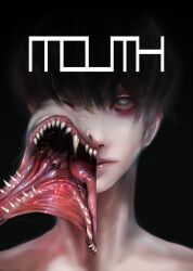  1boy absurdres black_background black_hair body_horror commentary_request cover cover_page english_text grey_eyes highres looking_at_viewer male_focus metamon1996 monster_boy one_eye_closed original portrait saliva sharp_teeth short_hair solo teeth very_short_hair 
