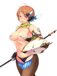  1girl breasts brown_hair cleavage horns navel open_mouth polearm scarf shield shin_shiros shirosu short_hair solo spear weapon yellow_eyes 