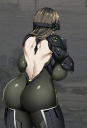  1girl alternate_breast_size armor armored_bodysuit ass ass_focus backboob backless_outfit bodysuit breasts commentary commentary_request cowboy_shot dekapaiyukari goddess_of_victory:_nikke gun highres holding holding_gun holding_weapon huge_breasts impossible_bodysuit impossible_clothes long_hair mass-produced_nikke mecha_musume mechanical_arms medium_hair recoil shiny_clothes shoulder_armor shoulder_blades solo visor_(armor) weapon 