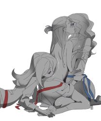 3girls arm_grab blue_eyes breasts cleavage diana_cavendish drooling french_kiss girl_sandwich greyscale highres kagari_atsuko kiss kneeling licking_back little_witch_academia long_hair medium_breasts monochrome multiple_girls red_eyes sandwiched short_hair short_ponytail sketch sucy_manbavaran sweat topless white_background yuri rating:Questionable score:52 user:danbooru