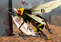  1girl ahegao ass bestiality blonde_hair bug cum cum_in_pussy giant_insect highres ho_roji_(horochi) legs_together on_floor rape sex tongue tongue_out wasp  rating:Explicit score:94 user:DoctorWasabi