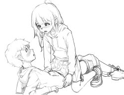  1boy 1girl blush child_on_child clothes_pull eye_contact girl_on_top greyscale hetero hood hoodie implied_sex loli long_hair looking_at_another lying monochrome on_back on_floor open_mouth original shoes short_hair shorts shorts_pull shota sitting sitting_on_person skirt socks straddling tabarchie  rating:Explicit score:204 user:BaronArgyleSven