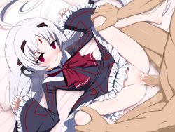  1boy 1girl ahoge blush clothed_female_nude_male clothed_sex cum cum_in_pussy dress forehead_jewel frilled_dress frilled_sleeves frills hetero loli long_hair lying nude on_back penis red_eyes sex spread_legs under_night_in-birth vatista white_hair  rating:Explicit score:29 user:lolisforever