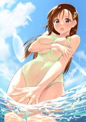  1girl absurdres blue_eyes blush breasts brown_hair covering_privates covering_breasts covering_crotch green_one-piece_swimsuit hair_ornament highres hino_hitomi large_breasts long_hair murenase!_shiiton_gakuen one-piece_swimsuit open_mouth see-through solo standing swimsuit wet wet_clothes wet_swimsuit  rating:Questionable score:106 user:crazylitch