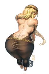  back_tattoo bare_back blonde_hair dress elden_ring highres ponytail queen_marika_the_eternal tattoo tramp_stamp  rating:Questionable score:85 user:Boomer1996