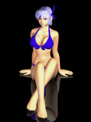 1girl 3d ayane_(doa) bikini black_background breasts cleavage dead_or_alive female_focus full_body headband highres large_breasts navel official_art purple_hair reflection short_hair sitting solo swimsuit tecmo rating:Sensitive score:39 user:kikimaru024