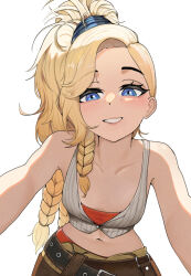  1girl bare_shoulders blonde_hair blue_eyes braid collarbone freckles gemma_(monster_hunter_wilds) high_ponytail long_hair looking_at_viewer midriff monster_hunter_(series) monster_hunter_wilds navel simple_background smirk solo white_background yellow_glasses_(odivichno) 