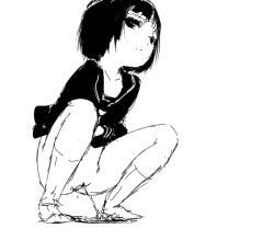  1girl blush clothes_lift collarbone loli long_sleeves looking_at_viewer monochrome neckerchief no_panties peeing puddle pussy school_uniform shirt short_hair sketch skirt skirt_lift socks squatting uncensored  rating:Explicit score:10 user:Red50