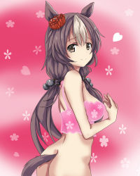  1girl animal_ears ass bare_arms bare_shoulders black_hair bottomless breasts brown_eyes camisole closed_mouth commission floral_background horse_ears horse_girl horse_tail long_hair looking_at_viewer looking_back low_twintails medium_breasts multicolored_hair oshiruko_(uminekotei) pink_camisole pixiv_commission see-through smile solo tail twintails two-tone_hair umamusume very_long_hair white_hair yamanin_zephyr_(umamusume) 