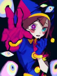  1girl asymmetrical_gloves black_background blue_eyes blue_gloves blue_shirt blush brown_hair commentary disembodied_eye gloves hashtag-only_commentary hat heterochromia highres jester_cap jester_costume looking_at_viewer mismatched_gloves multicolored_clothes multicolored_hat multicolored_shirt open_mouth pink_eyes pink_gloves pink_shirt pomni_(the_amazing_digital_circus) purple_eyes reaching reaching_towards_viewer shirt short_hair solo sweat takenaka_(takenaka1111) the_amazing_digital_circus two-tone_eyes upper_body 