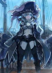  10s 1girl abyssal_ship alternate_costume blue_eyes hat headgear kantai_collection long_hair looking_at_viewer pirate pirate_hat scar silver_hair solo spark_(sandro) staff thighhighs wo-class_aircraft_carrier  rating:Sensitive score:21 user:danbooru