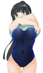  1girl black_hair blue_one-piece_swimsuit blue_shirt blunt_bangs blush breasts clothes_lift commentary_request competition_swimsuit covered_mouth covered_navel cowboy_shot dumbbell_nan_kilo_moteru? gluteal_fold green_eyes groin head_tilt hinata_masaki large_breasts lifted_by_self long_hair looking_at_viewer one-piece_swimsuit shirt shirt_lift simple_background solo souryuuin_akemi swimsuit thigh_gap very_long_hair white_background  rating:Sensitive score:35 user:danbooru