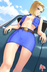  1girl abo_(hechouchou) android_18 belt black_pantyhose blonde_hair blue_eyes blue_skirt blue_sky breasts brown_belt closed_mouth cloud day denim denim_skirt denim_vest dragon_ball dragonball_z from_below leaning_on_object looking_at_viewer medium_breasts outdoors pantyhose pencil_skirt short_hair signature skirt sky solo 