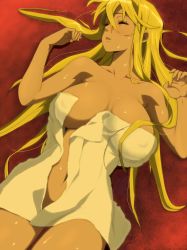  1girl blonde_hair breasts closed_eyes highschool_of_the_dead huge_breasts lying marikawa_shizuka naked_towel navel on_back screencap solo stitched third-party_edit towel unconscious wet  rating:Explicit score:126 user:shadowthecorn