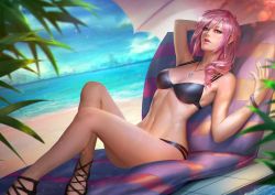 10s 1girl asymmetrical_hair beach beach_chair bikini blue_eyes breasts cleavage commentary day final_fantasy final_fantasy_xiii jewelry jpeg_artifacts lightning_farron looking_at_viewer medium_breasts navel necklace neoartcore ocean palm_tree parted_lips pink_hair reclining solo swimsuit tree umbrella rating:Sensitive score:61 user:danbooru