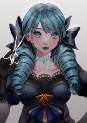 1girl black_bow black_gloves blue_bow bow breasts collarbone drill_hair gloves grey_background gwen_(league_of_legends) hair_bow hand_up highres holding holding_scissors large_breasts league_of_legends long_hair looking_at_viewer parted_lips scissors sella_423 simple_background teeth twin_drills twintails rating:Sensitive score:4 user:danbooru