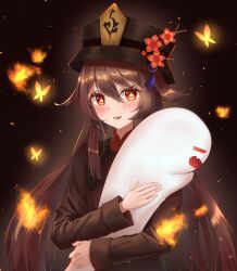  1girl :d absurdres black_background black_hair boo_tao_(genshin_impact) bug butterfly chinese_clothes commentary_request genshin_impact ghost hair_between_eyes hat highres hu_tao_(genshin_impact) hug insect long_hair long_sleeves looking_at_viewer open_mouth orange_eyes porkpie_hat sidelocks simple_background smile symbol-shaped_pupils turtleneck twintails wan_du29 wide_sleeves 