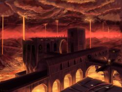  absurdly_wide_shot algoinde arch architecture arrow_(projectile) blaze_(minecraft) bow_(weapon) building commentary creature destroyed english_commentary fortress hallway haze highres hill horizon lava minecraft monster no_humans outdoors red_sky sky the_nether_(minecraft) tower watermark weapon web_address window 